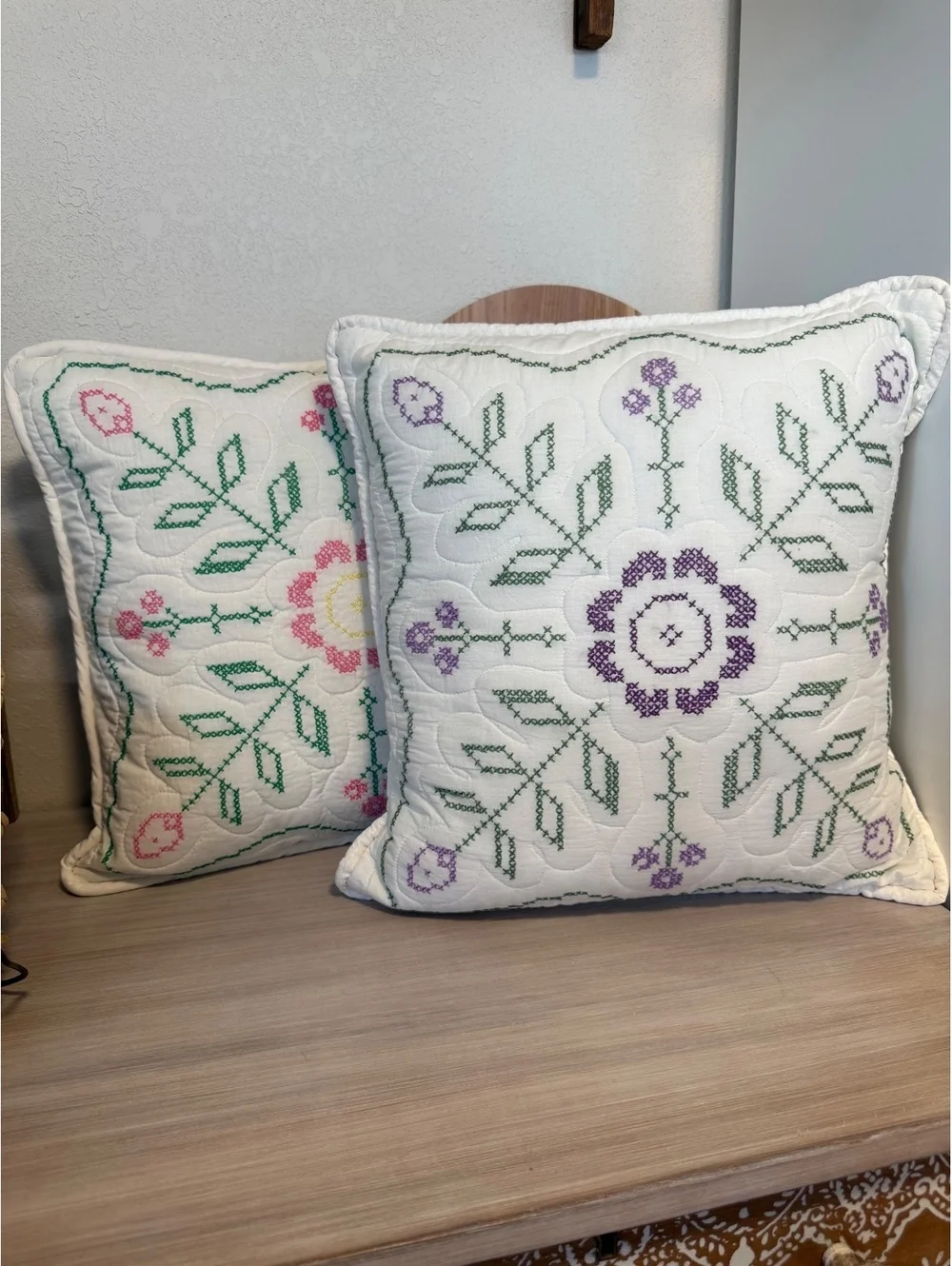 Pair of Vintage Floral Embroidered Decorative Throw Pillows